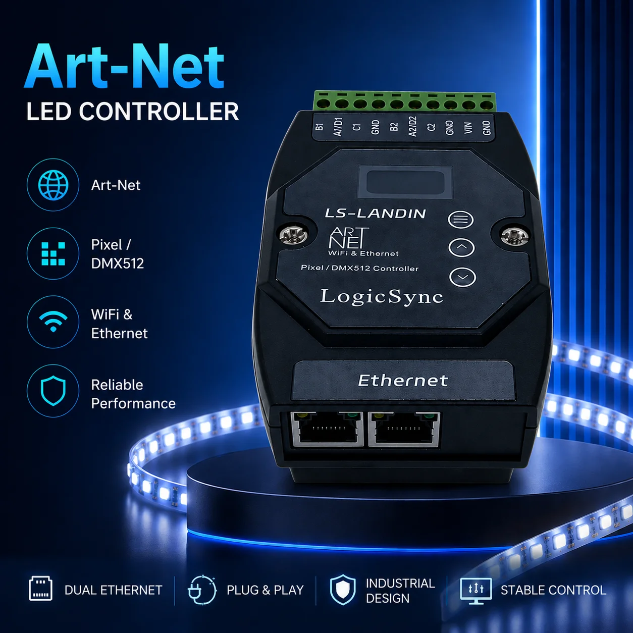 LogicSync ArtNet/sACN led light Pixel Controller 2Ports 1360 Pixels W2812 APA102 LED Strip