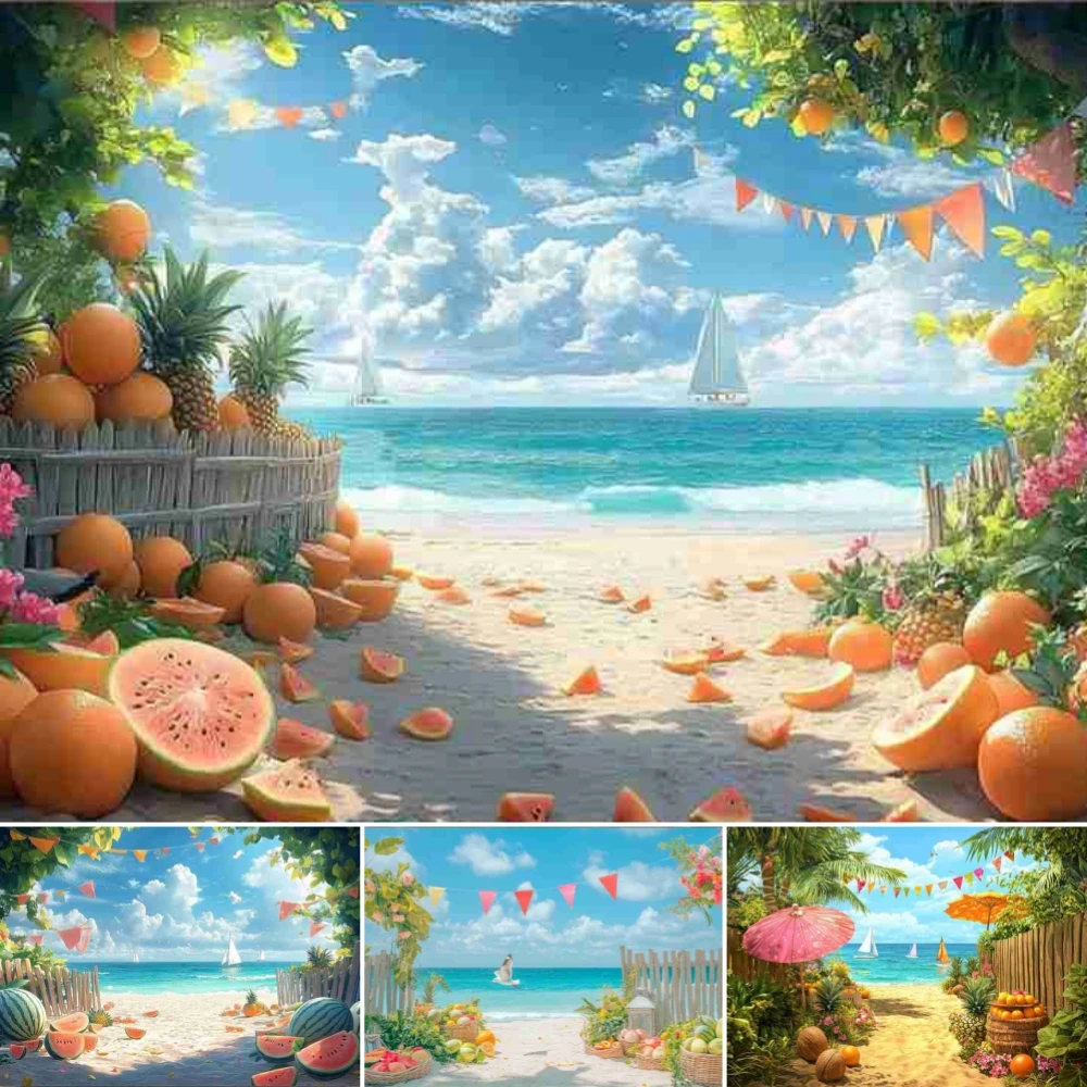 Fondo de Fotografía con Decoración de Playa de Frutas de Verano, Vacaciones en la Costa de Hawái, Sandía, Sombrilla, Fondo para Fotos de Cumpleaños de Bebé ﻿