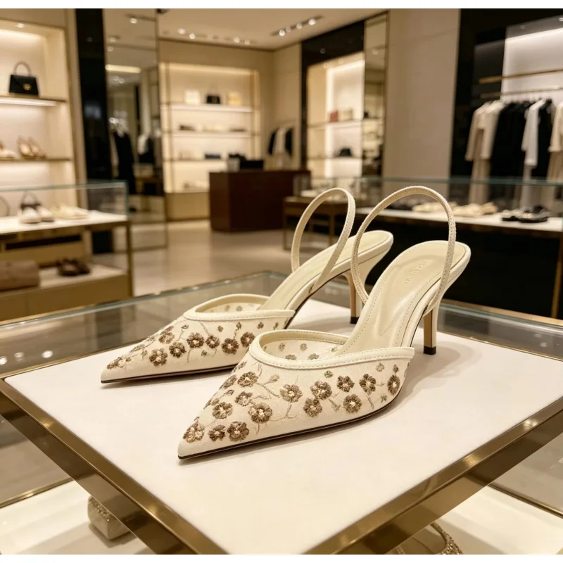 Women Slingback High Heels Pointed Toe Floral Embroidered Pumps Elegant Stiletto Heel Wedding Party Dress Shoes