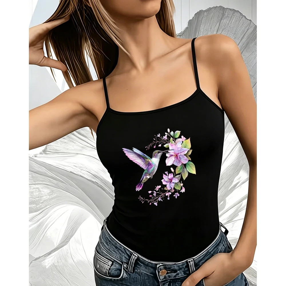 Watercolor Hummingbird & Floral Art Camisole Women Summer Delicate Bird Print Tank Top Elegant Sleeveless Vest for Garden Party