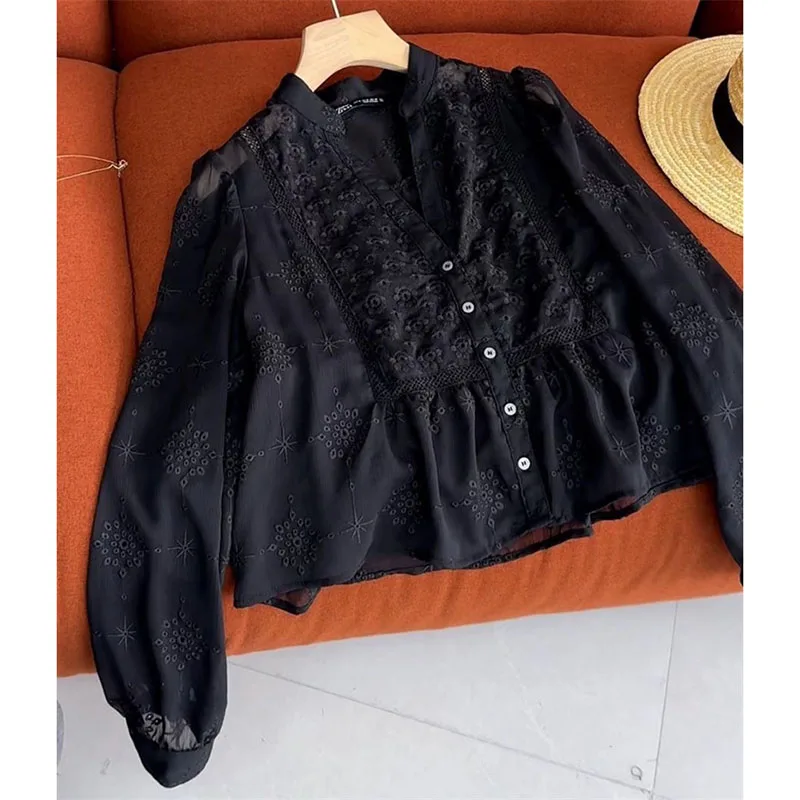 The Drape Is Slightly Sexy And The Black Hollow V-Neck Sweet With Long Sleeves Spring And Summer Shirts And Women's Dresses view 2