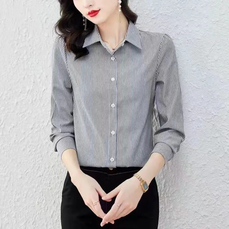 2023 NEW Upscale Striped Fashionable Loose Fitting Long Sleeved Trendy Temperament Casual Commuting Collar Women\'s Shirt