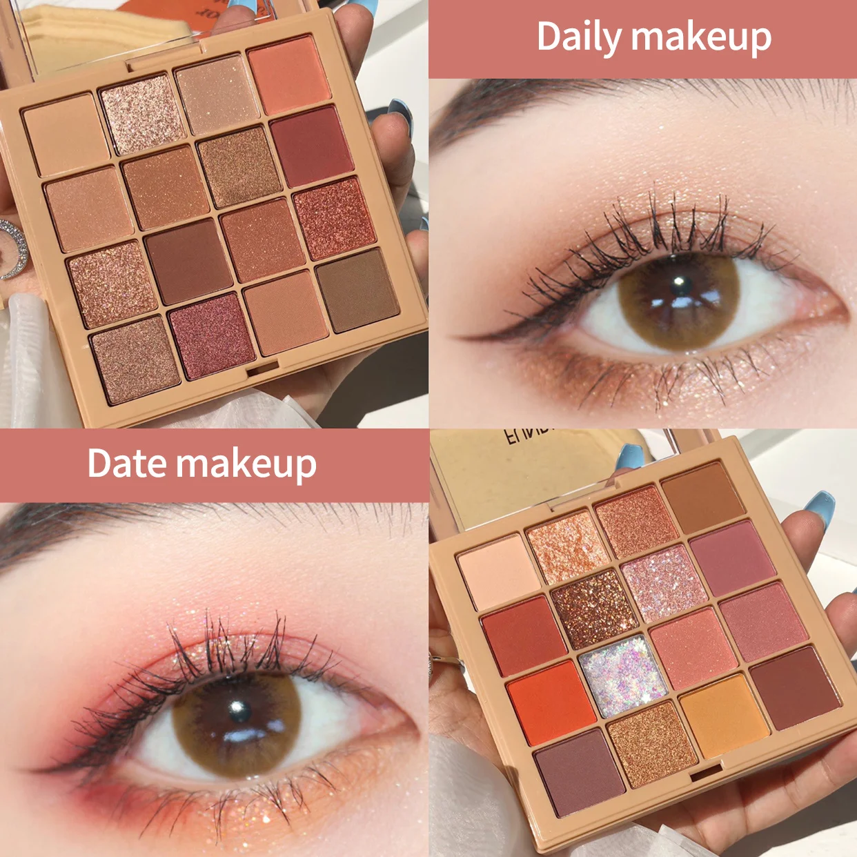 Paleta Cieni do Powiek 16 Kolorów z Brokatem, Połyskiem i Matowymi Wykończeniami Makijaż w Stylu Koreańskim Różowy Brązowy Nude Długotrwałe Cienie do Powiek