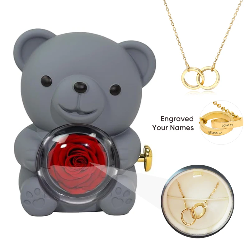 

2024 New Birthday Gift idea Rotating Eternal Rose Lovely Bear Jewelry Box with Engraved Name OO Round Necklace for Girl Boy Mom