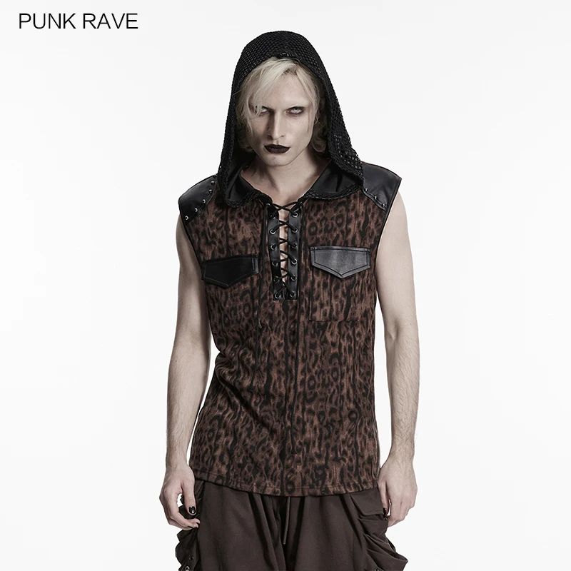 PUNK RAVE Men's Punk Leopard Print Elastic Knitted Mesh T-shirt   Personalized Shoulder Studs Casual Drawstring Tops