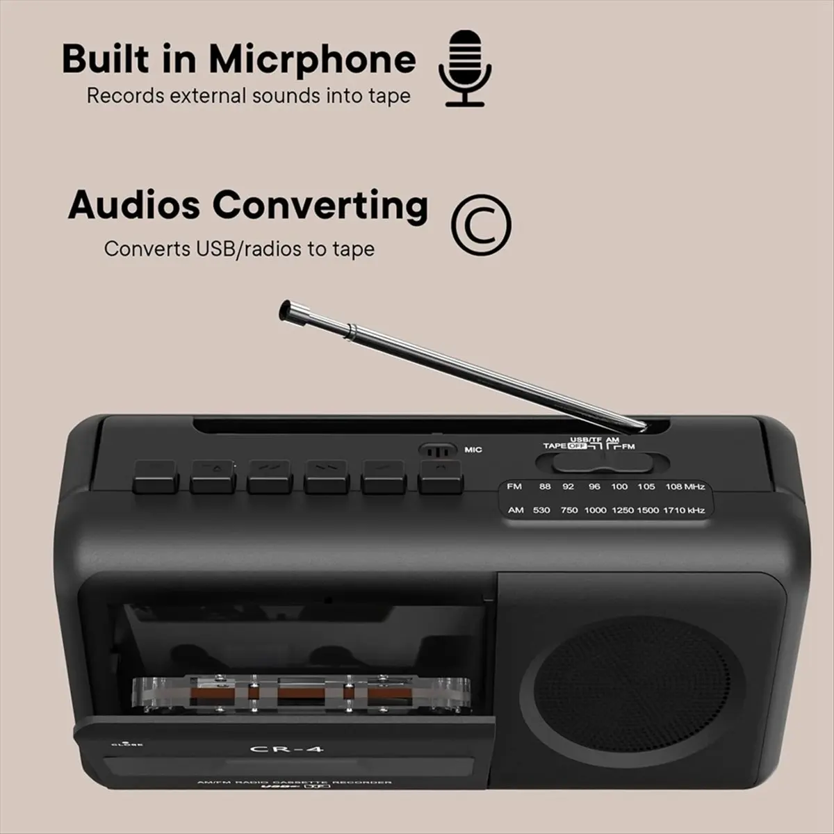 Fashion Portable Cassette Tape Player Recorder, AM/FM Radio Stereo and MP3 Player Recorder for Voice Recording US Plug