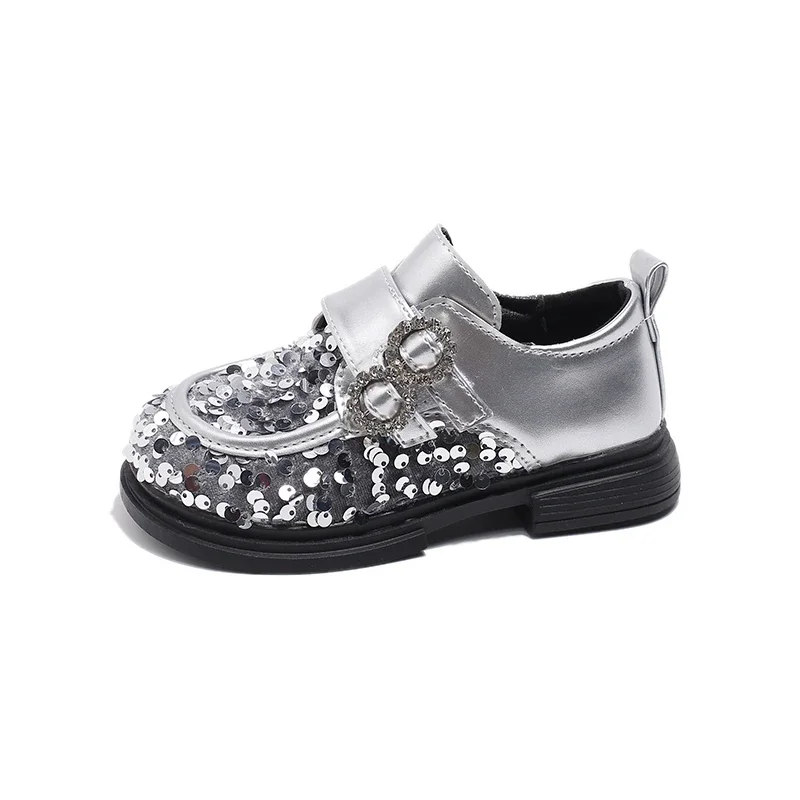 Jogerli Bling Fashion Leather Shoe For Kids Girls Sequined Black Silver Rubber Children School Dress Shoes For Party