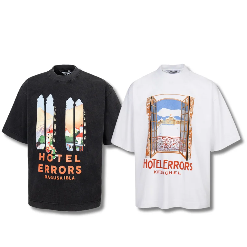 Summer House of Errors Tshirts High Street Castle Print Logo Vintage Wash Men's Women's Loose Short Sleeves Tee