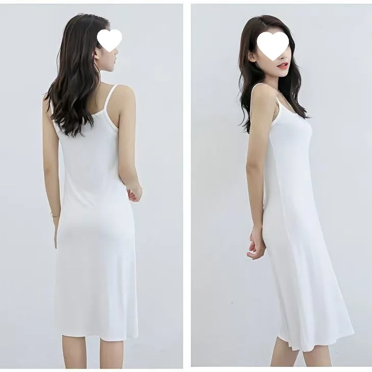 Vestido de base de seda de algodão com ajuste solto e forro médio a longo, camada inferior com forro de suspensório, vestido de dormir branco