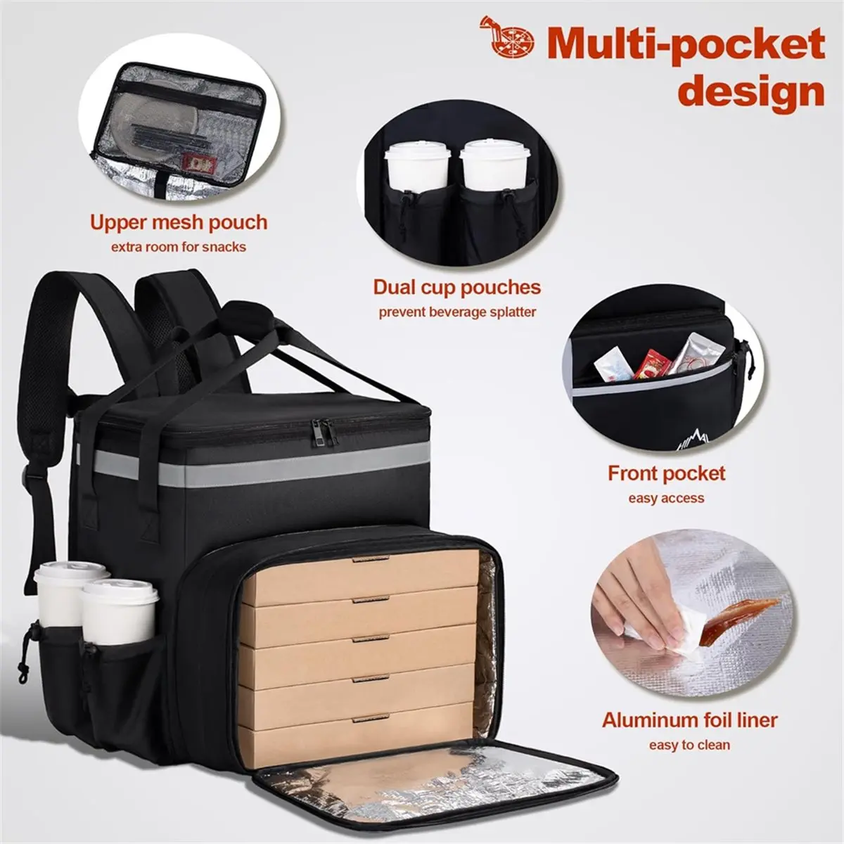 FTGT NEW Food Delivery Backpack, Insulated Food Delivery Bags for Takeout Bike, Pizza Takeout Bag for HOT/COLD with 4 Pockets
