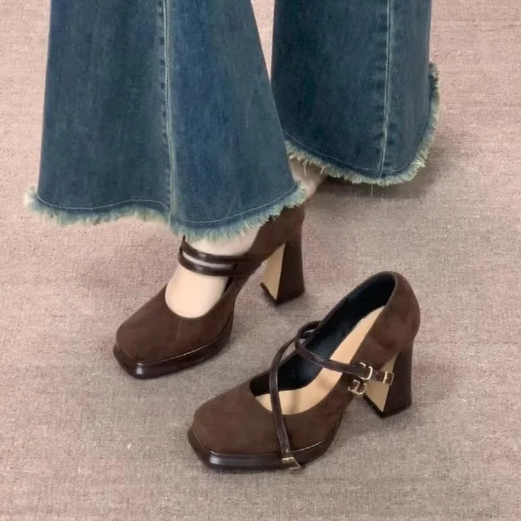 Vintage Thick High Women Mary Jane Shoes Banquet Party Buckle Strap Pumps New  Women's Elegant Dress Shoes image 2