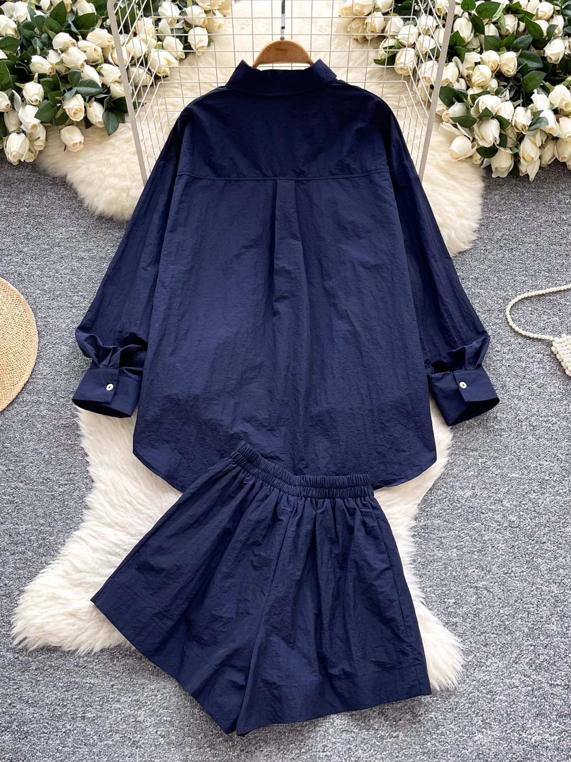 Casual Embroidered Long Sve irt And High Waist Wide Leg orts Women's Set Loose Fit Heavy Embroidery Single Button Design