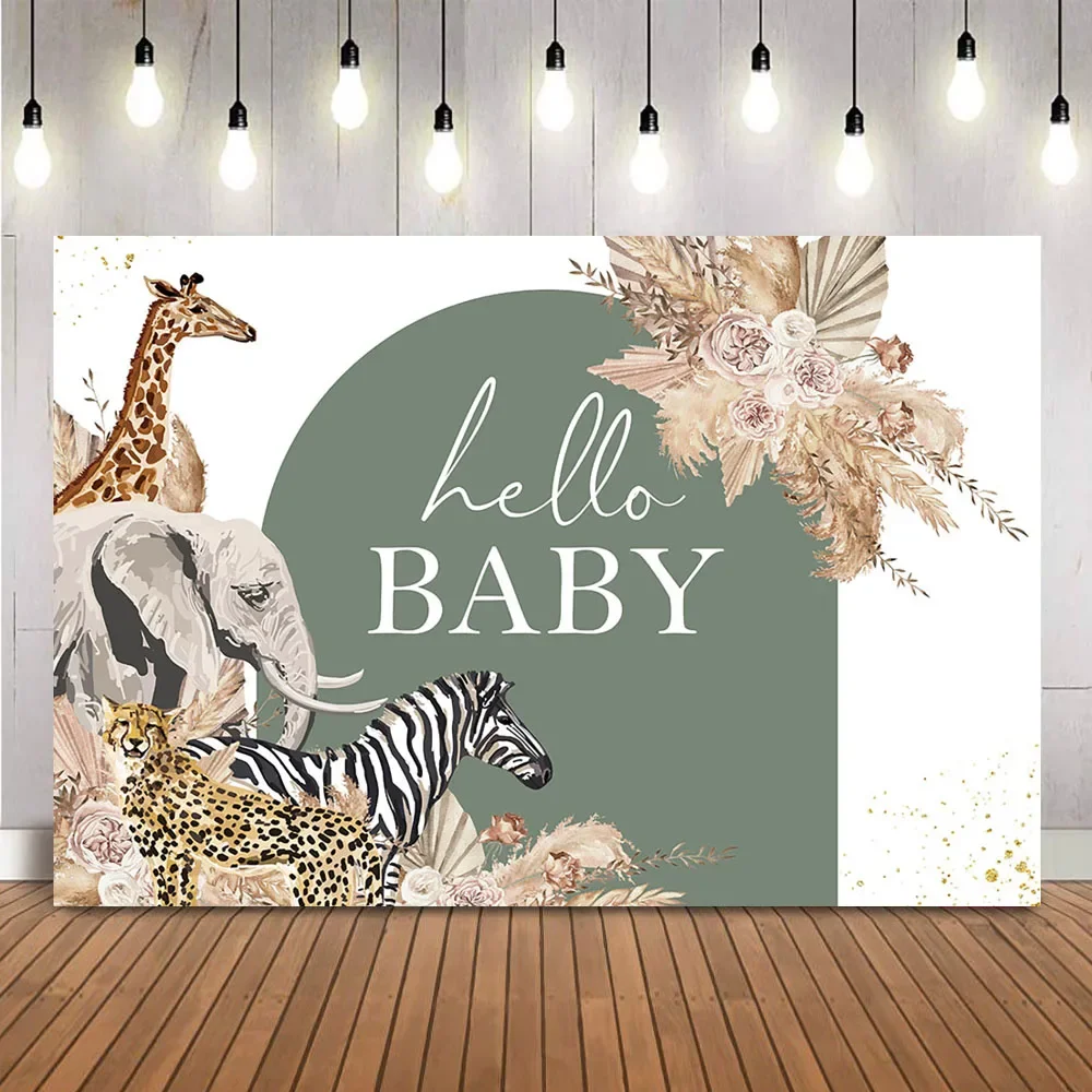 Hallo baby shower achtergrond Safari Jungle dieren foto achtergrond pasgeboren kinderen geslacht onthullen thema feestdecoratie Pampas gras