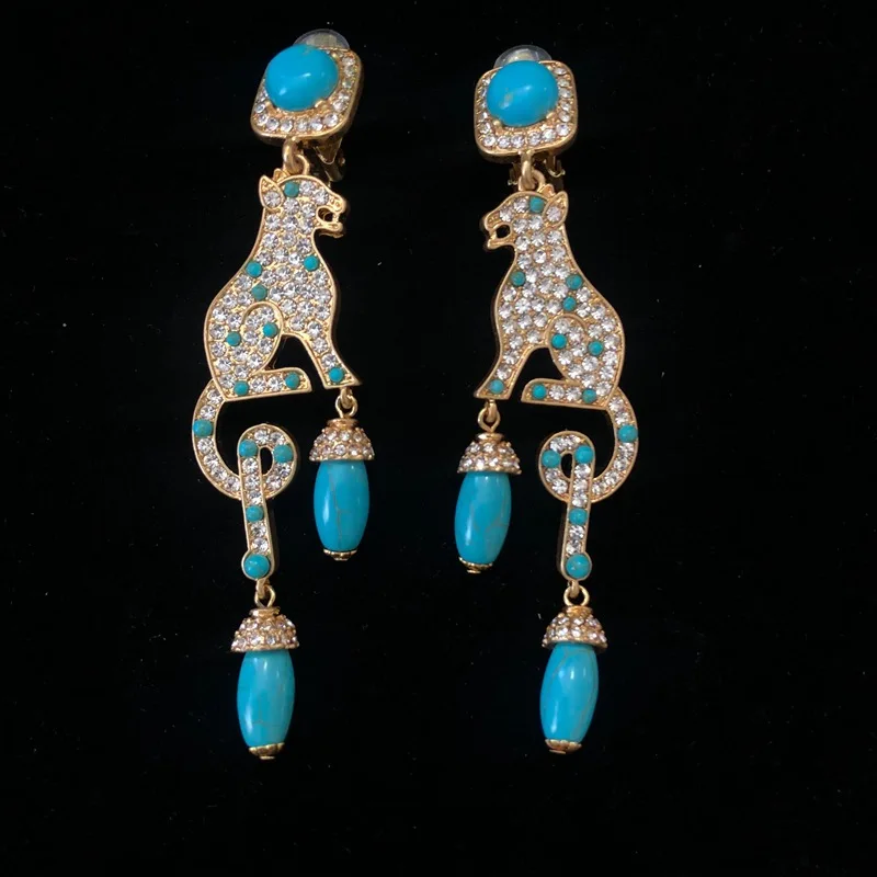 

European and American exaggerated leopard set zircon turquoise long tassel earrings