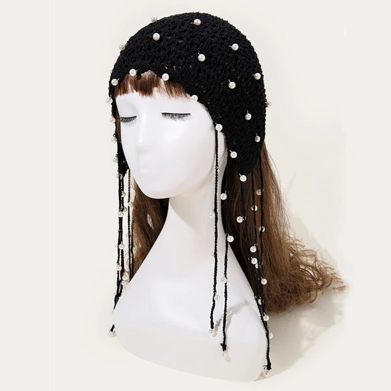 Women's Fascinating Hollow-Out Street Knitted Hat with Pearl Long Tassle Colored Beanie Hat Handmade Crochet Ear Protection Hat