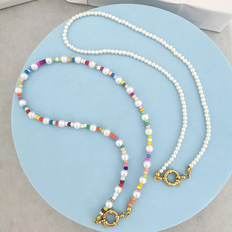 QMHJE Boho Imitation Pearl Necklace Women Choker Stainless Steel Clasp Sailor Buckle DIY Base Chain Beach Gold Color Wholesale