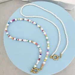 QMHJE Boho Imitation Pearl Necklace Women Choker Stainless Steel Clasp Sailor Buckle DIY Base Chain Beach Gold Color Wholesale