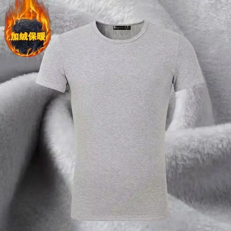 New Short-sleeved T-shirt Men's Large-size Bottoming Shirt Solid Color Autumn Velvet Thickened Warm Inner Top Slim Neck