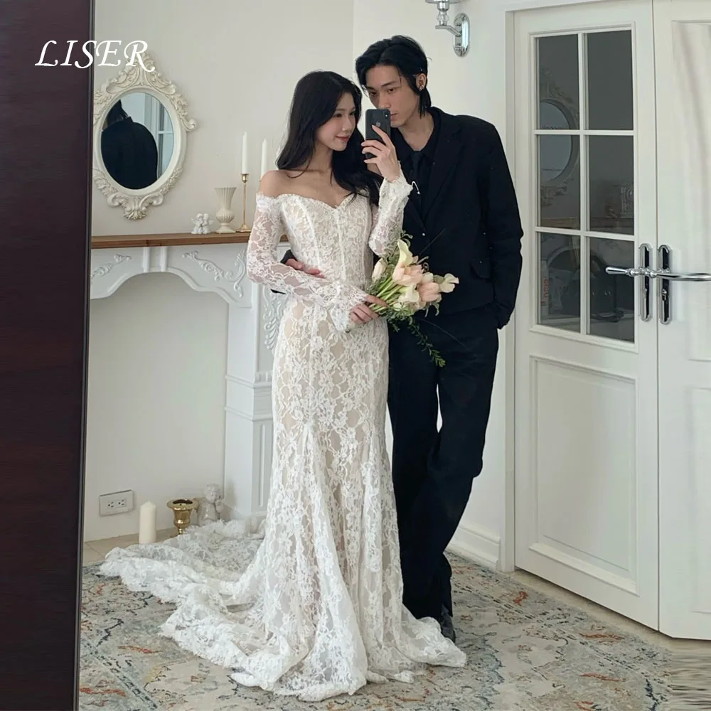 

Роскошное корейское свадебное платье Liser Sweetheart с длинными рукавами, шелковым кружевом и длинным шлейфом, индивидуальный пошив, элегантное длинное свадебное платье.