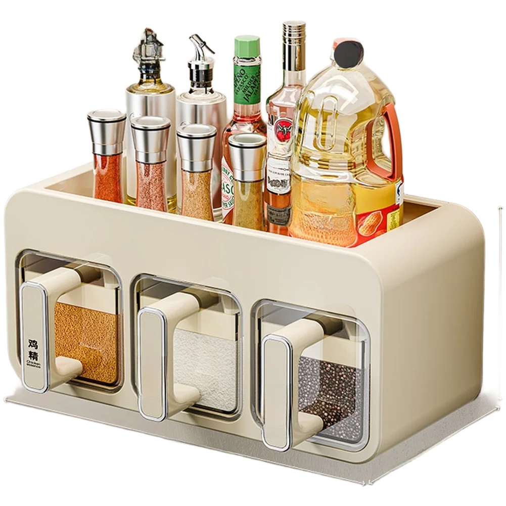Cream Wall Mounted Spice Organizer Kitchen Seasoning Storage Box With Spoons And Labels For Home Cabinet Shelf