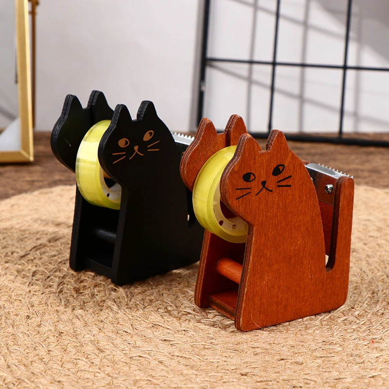 Tape Dispenser Cartoon Cat Wooden Tape Cutter Holder Roller Tape Dispenser