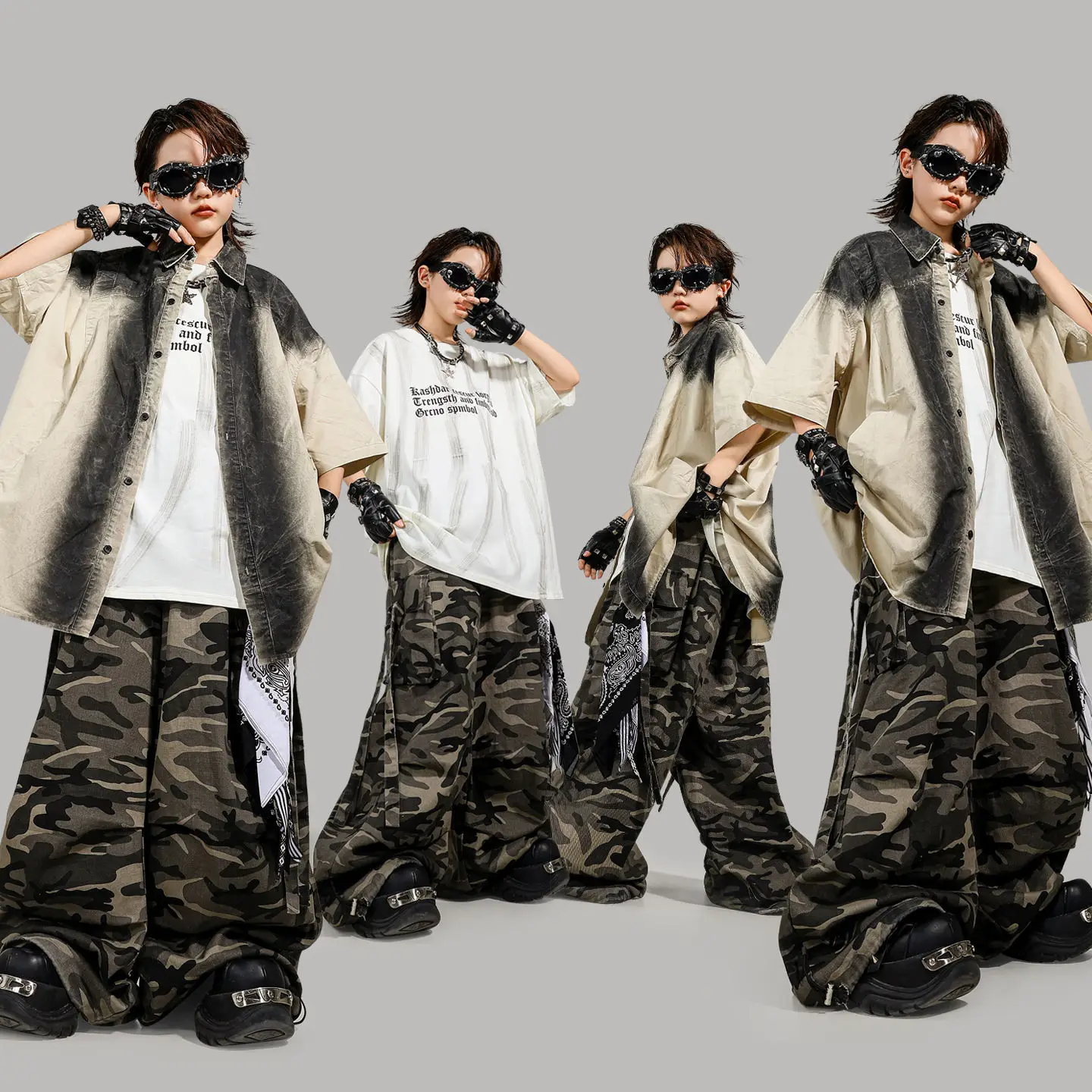 

Детская одежда в стиле хип-хоп, абрикосовая черная рубашка, камуфляжные повседневные брюки-карго с парашютом на бретельках для девочек и мальчиков, костюмы для джазовых танцев, одежда