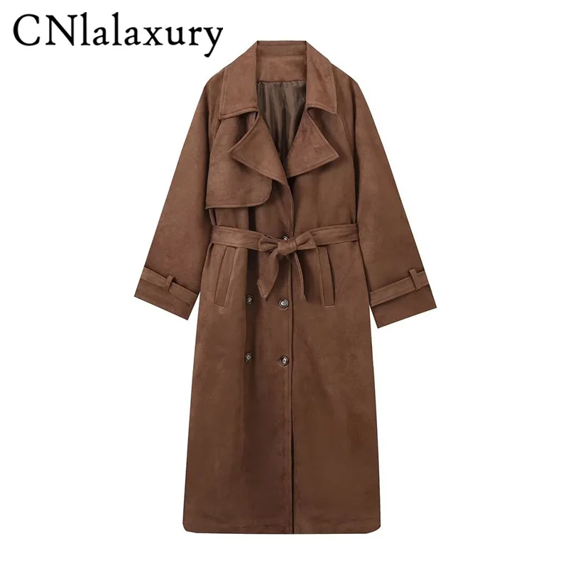 Elegant Suede Leather Chocolate Belt Long Coat Fashion Double Button Lapel Oversize Jacket Fashion New Autumn Street Windbreaker