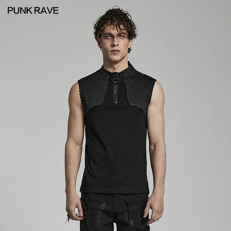 PUNK RAVE Men's Technological Cyber Vest Punk Style Front Collar Chunky Zipper Daily Spring and Summer Mens Black Tank Top