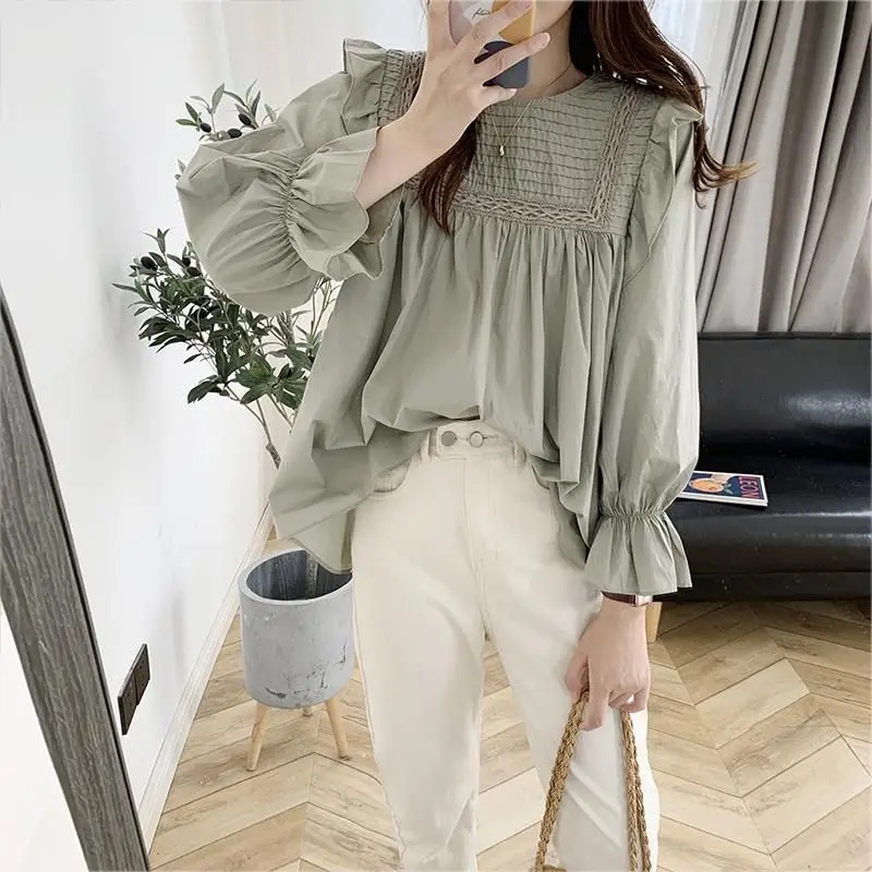 Fashion O-Neck Spliced Folds Princess Sleeve Blouse Female Clothing 2022 Autumn New Loose Casual Pullovers All-match Sweet Shirt