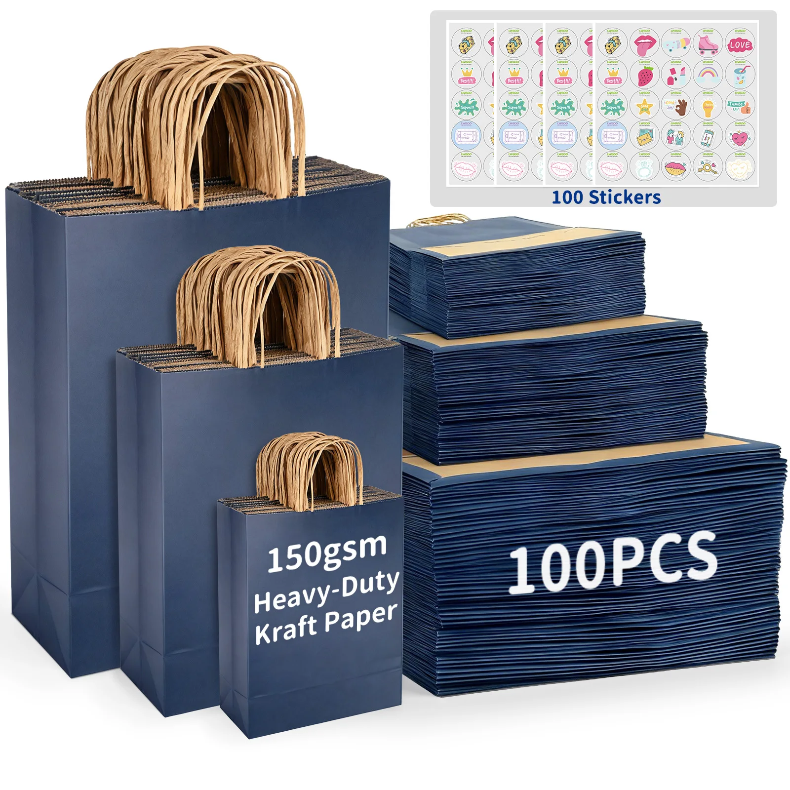 

100 шт. синие пакеты из крафт-бумаги с ручками, большие 10x5x13 дюймов с дополнительными наклейками, подходящие для упаковки одежды на вынос