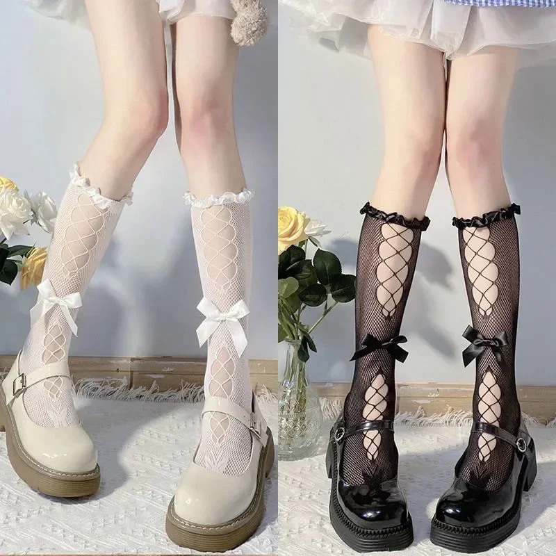 Women Sexy Fishnet Bow Lace Stockings Ruffled Butterfly Hollow Soft Nylon Elastic Knee High White Sock Jk Black Mesh Leg Socks