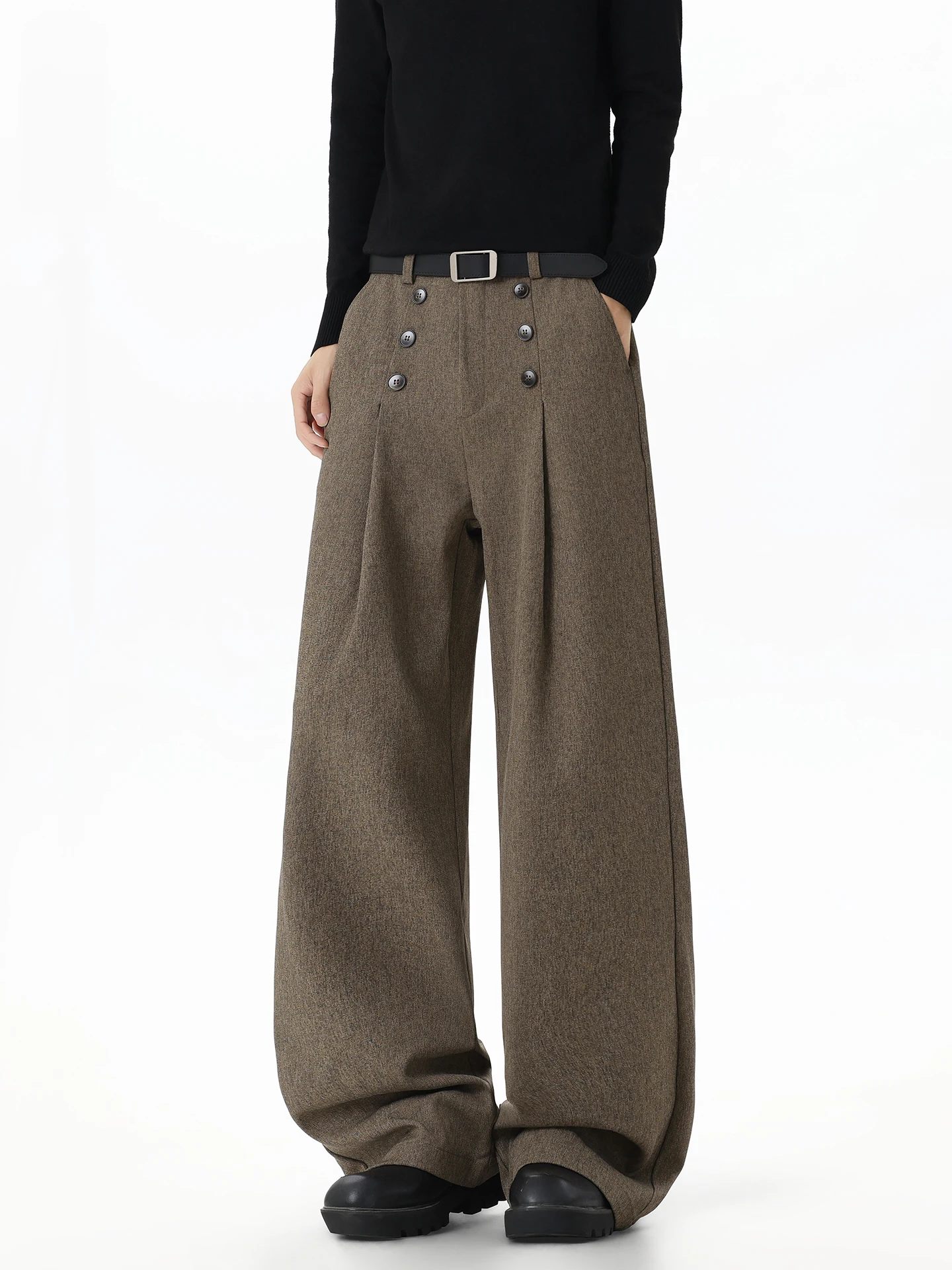 Double-Button Pressed Pleat Casual Men's West Pants Loose American Style Autumn Spring Vintage Wide Leg Long Pants