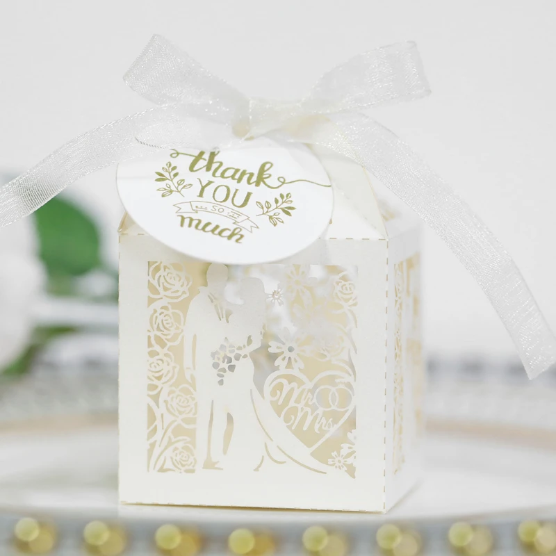 25/50pcs Candy Packaging Boxes for Wedding Valentine\'s Day Bride Groom Gift Box with Ribbons Thank You Tag Party Decor Wholesale