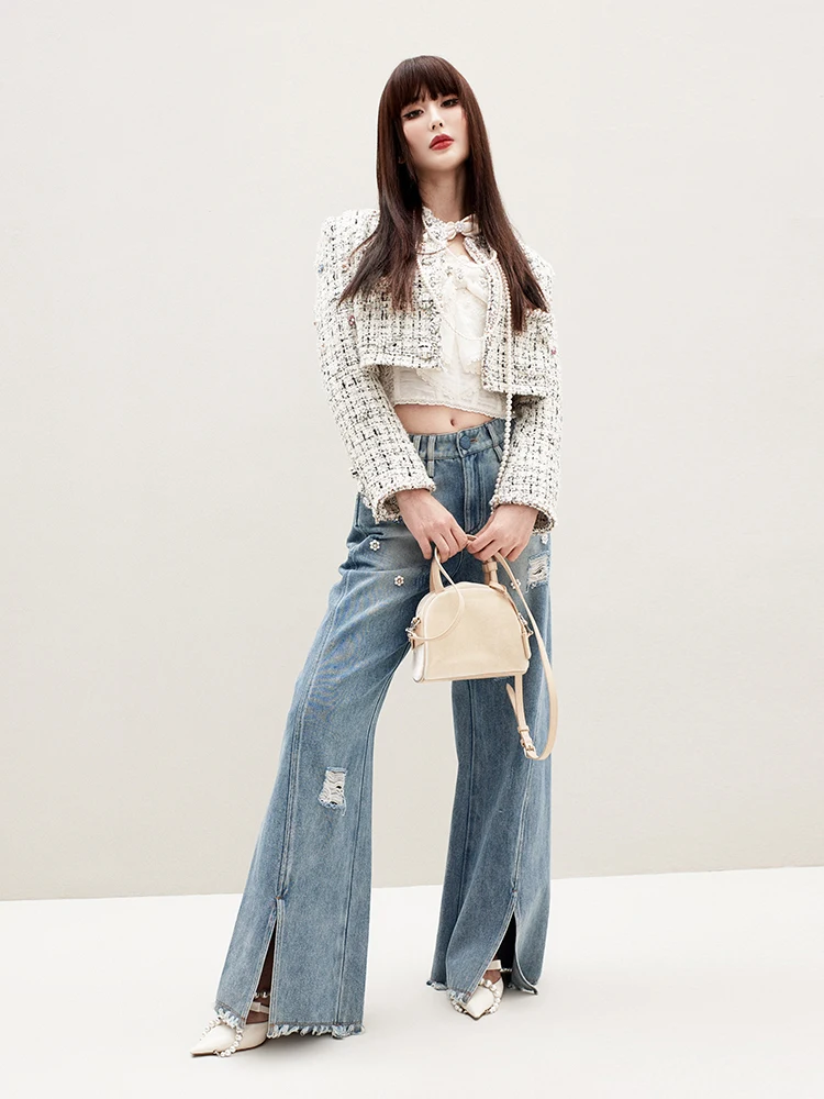 

Весенние винтажные широкие джинсы с отверстиями из бисера, повседневные длинные брюки с высокой талией, синие джинсовые женские модные брюки прямого кроя