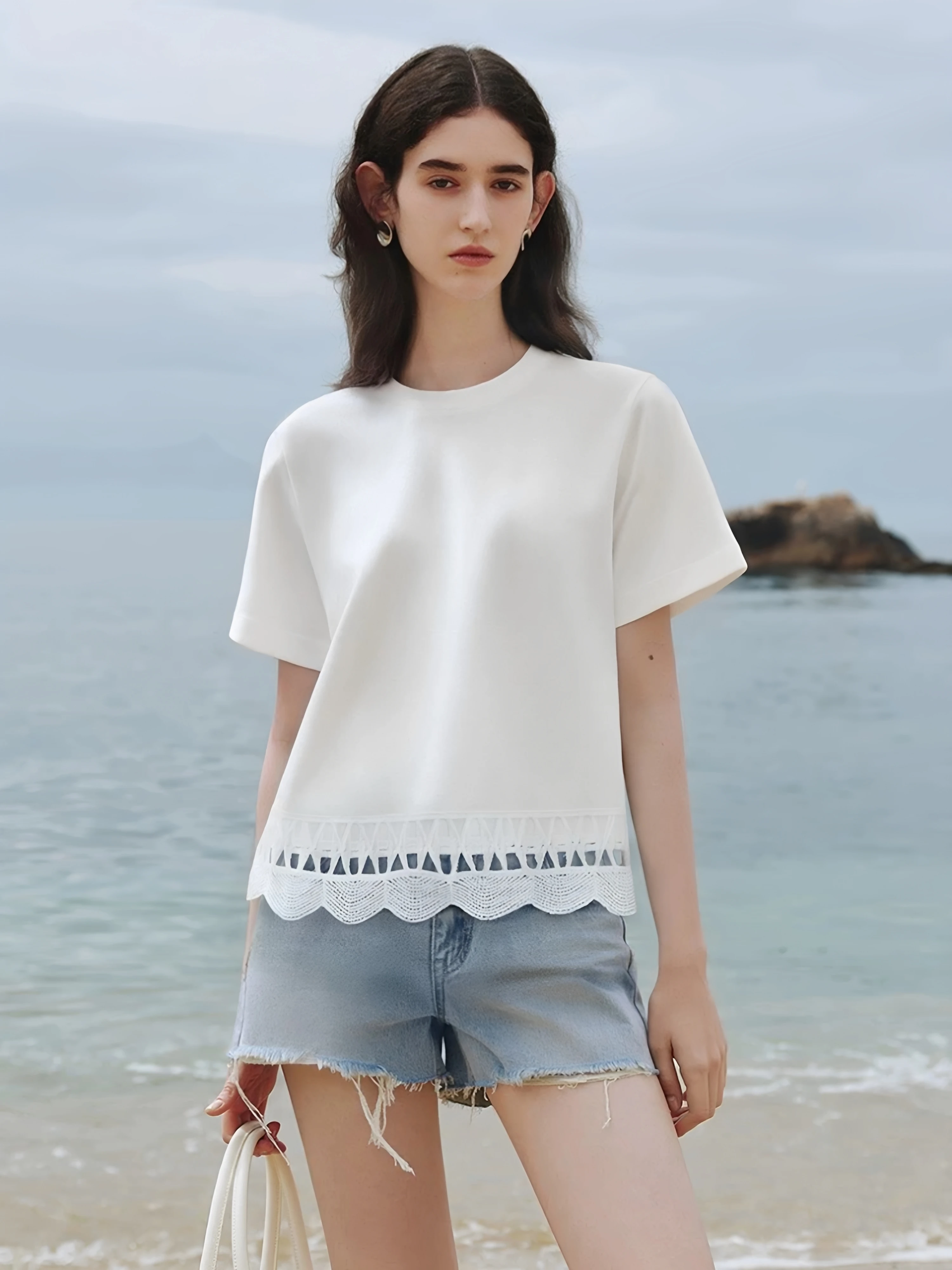 

White Lace Casual Short Sleeve T-Shirt Women's New Style Spring Summer Loose Fit Cotton Polyester Blend Comfortable Top