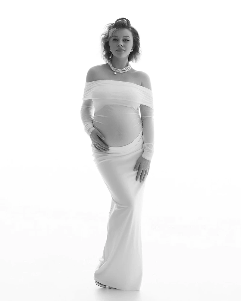 White Off Shoulder Maternity Dress Photoshoot Boutique Long Sleeve Bodycon Maxi Gown Elegant Pregnancy Outfit Baby Shower