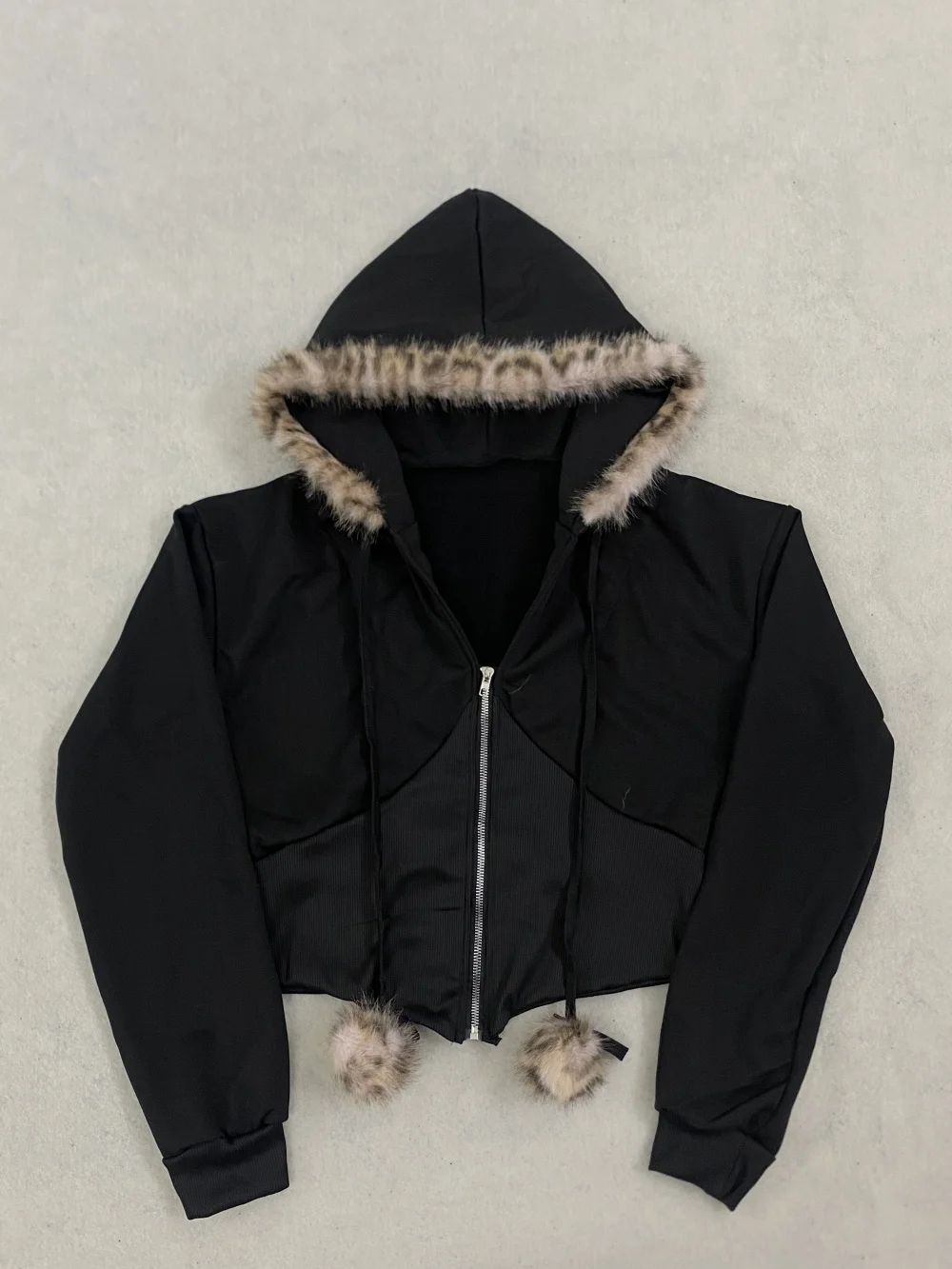 2026 new plush edge hooded zipper short style fur ball drawstring long sleeved jacket Y2K spicy girl casual trend ins versatile - view 2