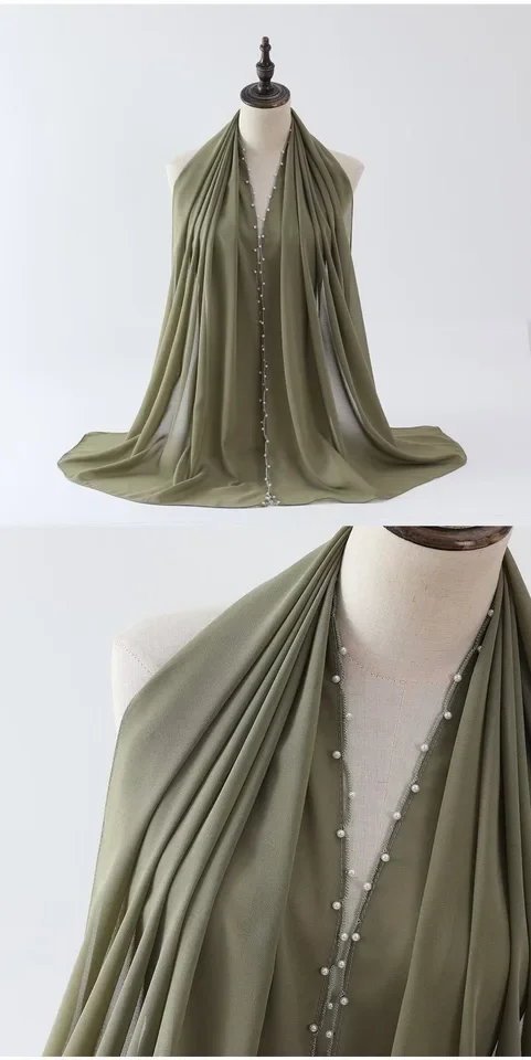 

175*70cmMonochrome Pearl Chiffon Scarf with Wave & Beading - Muslim Hijab, Malay Shawl, Middle East & Africa Headscarf
