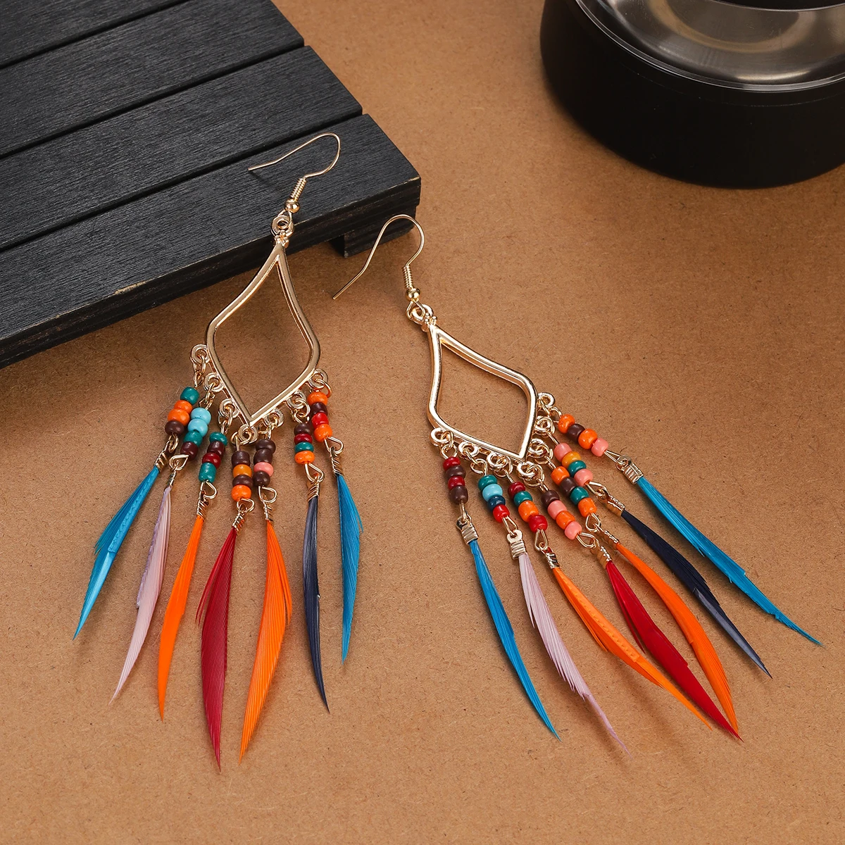 Bohemian Vintage Gold Color Geometric Tassel Earrings Women's Temperament Fashion Beaded Feather Drop Dangle Earrings Jewelry