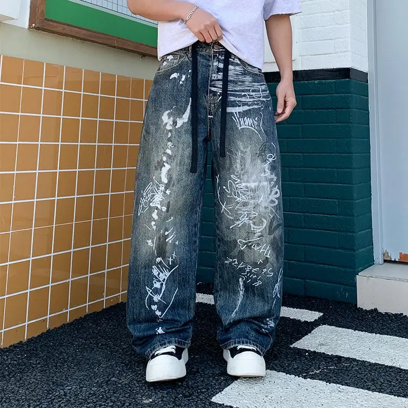 2026 New Trendy Brand Printed Hand-Painted Graffiti Wide-Leg Jeans for Men, Loose Straight Fit with Dropped Feel, Cool Style