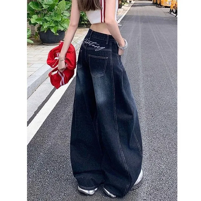 Letter Embroidery Wide Leg Trousers Women Korean Fashion High Waisted Sickle Jeans Female New Streetwear Baggy Y2K Denim Pants