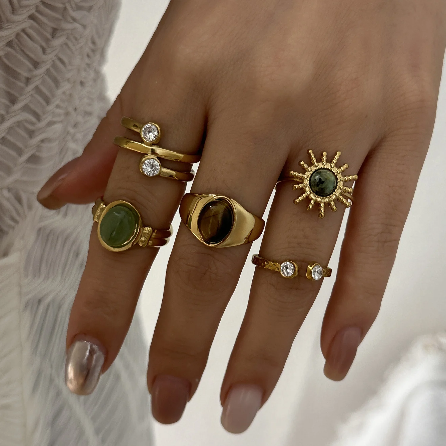 French Vintage Tiger Eye Gemstone Zircon Ring for Women Elegant Statement Stackable Ring Coffee Date Jewelry Gifts