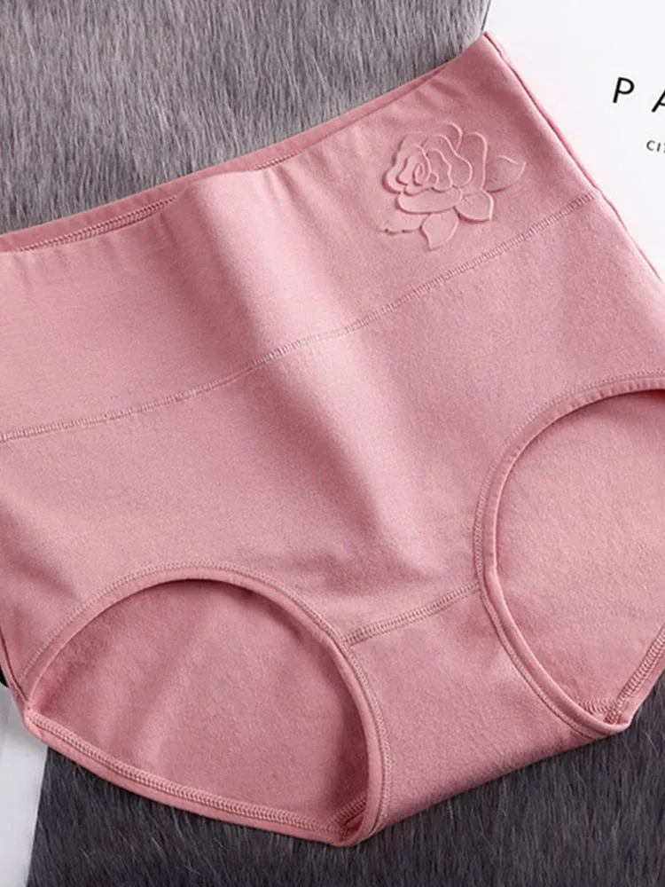 Cotton women\'s panties elastic soft  Embossed ROSE Ladies underwear Breathable sexy High waist briefs