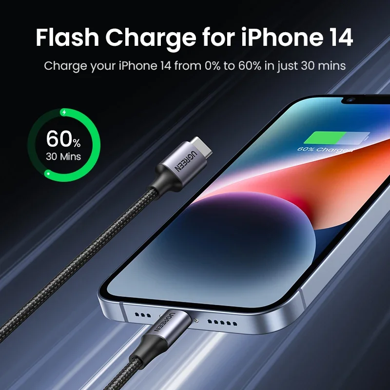 UGREEN MFi Certified USB C to Lightning Cable PD Fast Charging data  for Apple iPhone 14 13 12 11 ipad charger 20W 30W braided