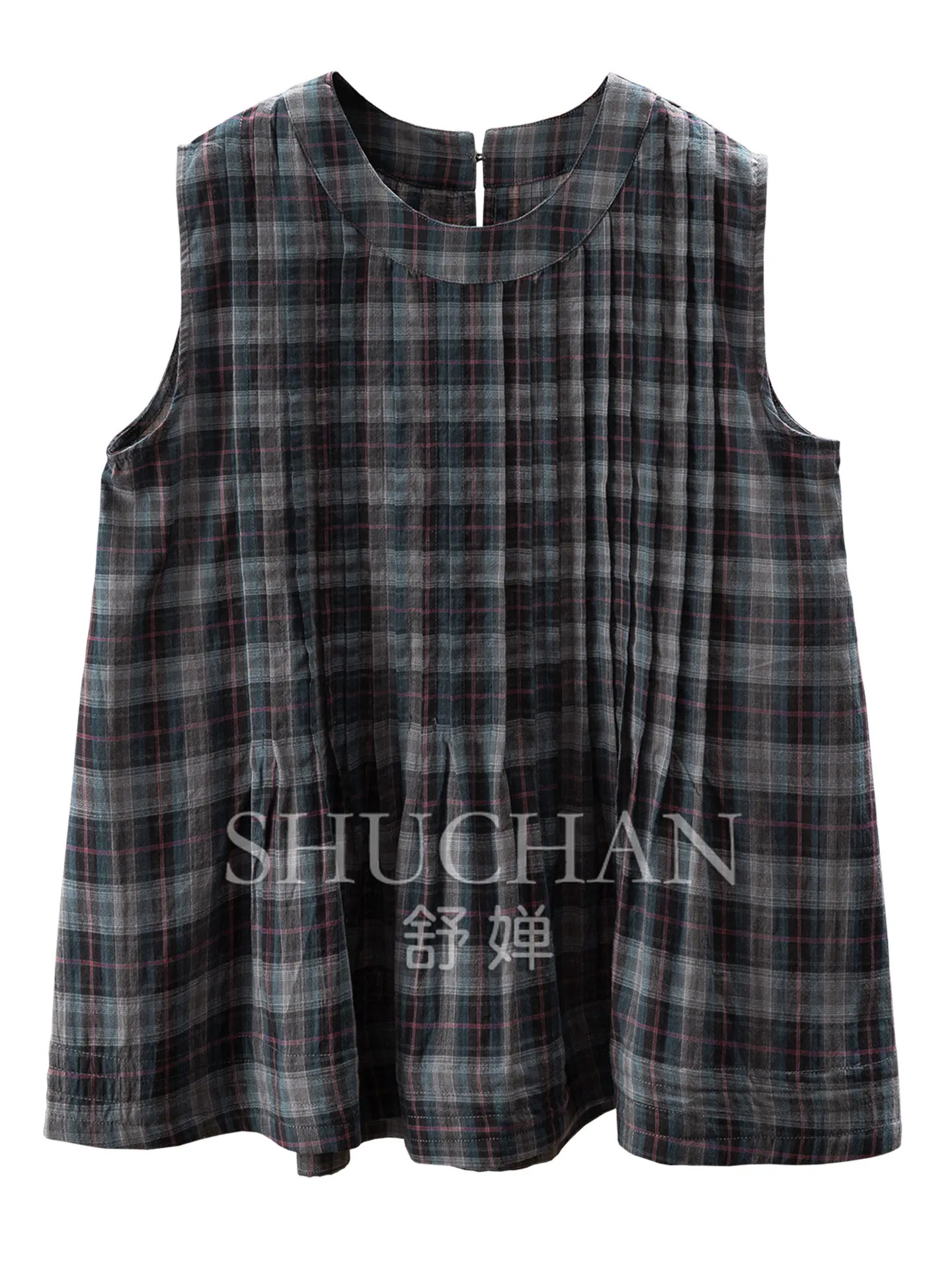 Simple Sequence Grid Rhyme Tank Top Loose Organ Pleated Cotton Round Neck Sleeveless Doll Shirt Women's 61M7