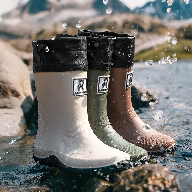 

Men Waterproof Mid-Calf Rain Boots Adjustable Drawstring Cuff Non-Slip Durable Rubber Boots for Outdoor Hiking Gardening Fishing