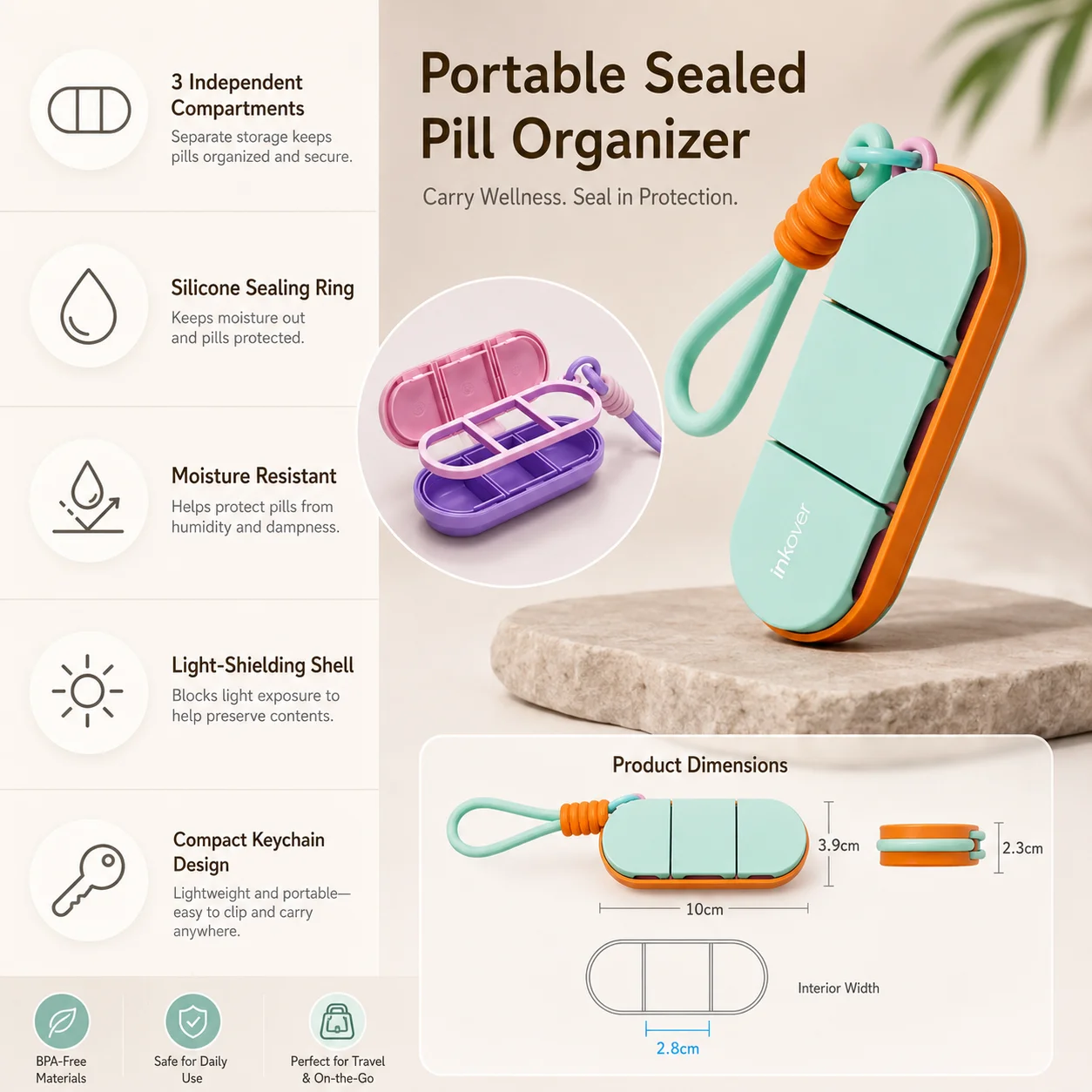 Moisture Proof Light Resistant Sealed Mini Pill Box Japanese Portable Three Compartments Daily Medicine Storage Case