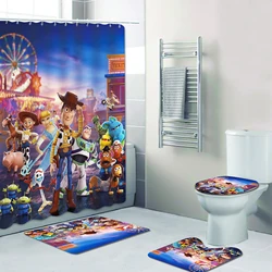 Disney Toy Story Cute Anime 4 Pcs Shower Curtain Bathroom Accessories Full Set Mats Luxury Decorations Gifts for Boy