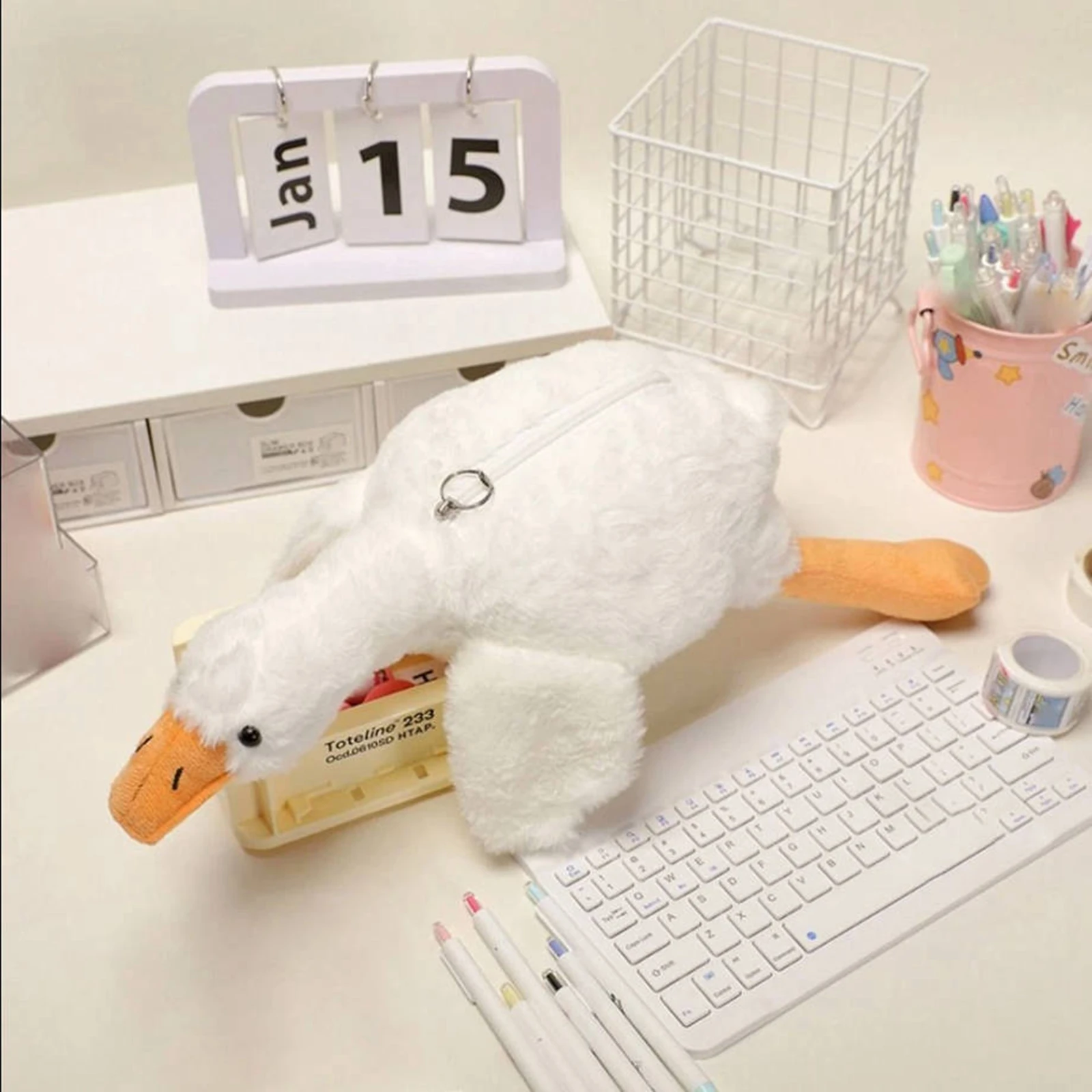 Plush Pencil Case Cute Large White Goose Pencil Bags Fun Animal Pencil Pouch Students Cartoon Stationery Storage Bag