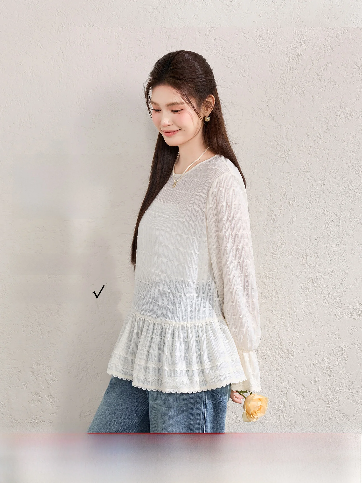 

Blue Language Large Size Lace Trim Layered Long Sve Women's Inner Wear Spring New Sle Commute Friendly French Sle Top